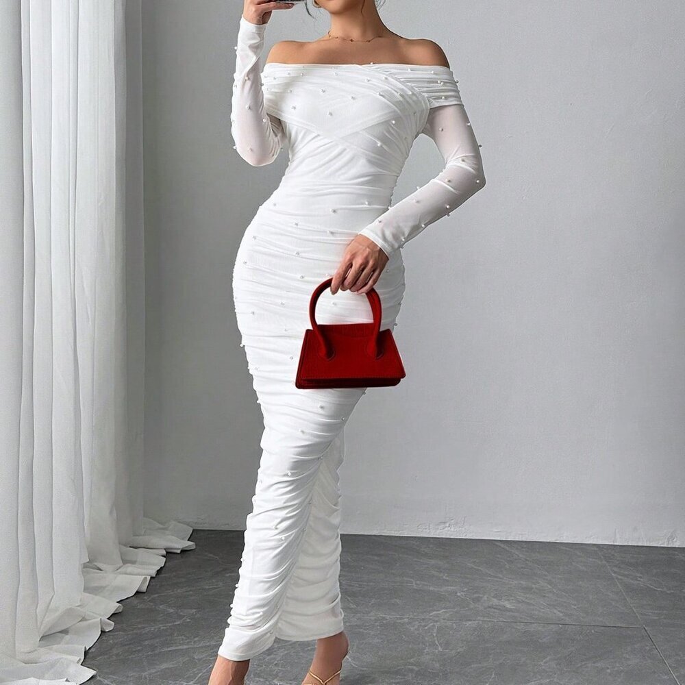 White Elegant Women's Open Shoulder Ruched Maxi Dress with Pearl Decor - Picture 7 of 8